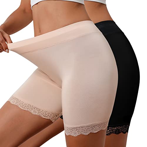 UMIPUBO Nahtlose Unterhose Damen Panties High Waist Spitze Boxershorts Leggings Anti Chafing Shorts Radlerhose für Unter Röcken und Kleidern (Schwarz+Beige,M) von UMIPUBO