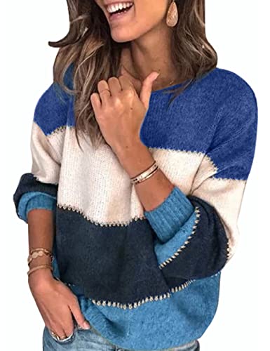 UMIPUBO Pullover für Damen Casual Stricken Sweater Lange Ärmel Lose Pulloveroberteil Farbblock Gestrickt Sweatshirt Herbst Winter Outwear für Frauen Rundhals Pullover (Blau,XL) von UMIPUBO