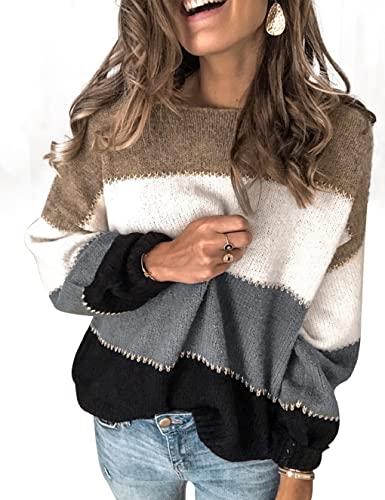 UMIPUBO Pullover für Damen Casual Stricken Sweater Lange Ärmel Lose Pulloveroberteil Farbblock Gestrickt Sweatshirt Herbst Winter Outwear für Frauen Rundhals Pullover (Grau,M) von UMIPUBO