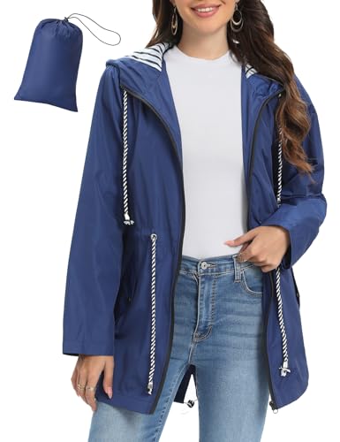 UMIPUBO Regenjacke Damen Wasserdicht Atmungsaktiv Dünne Leichte Outdoorjacke Regenmantel mit Kapuze Faltbar Wanderjacke Fahrradjacke(Marine,S) von UMIPUBO