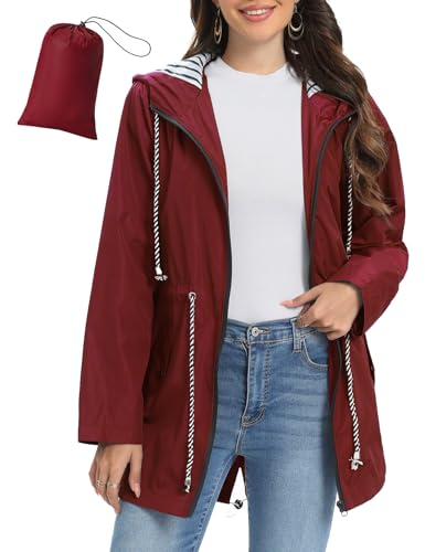 UMIPUBO Regenjacke Damen Wasserdicht Atmungsaktiv Dünne Leichte Outdoorjacke Regenmantel mit Kapuze Faltbar Wanderjacke Fahrradjacke(Rotwein,L) von UMIPUBO