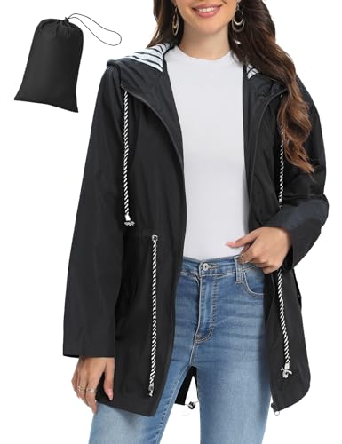 UMIPUBO Regenjacke Damen Wasserdicht Atmungsaktiv Dünne Leichte Outdoorjacke Regenmantel mit Kapuze Faltbar Wanderjacke Fahrradjacke(Schwarz,L) von UMIPUBO