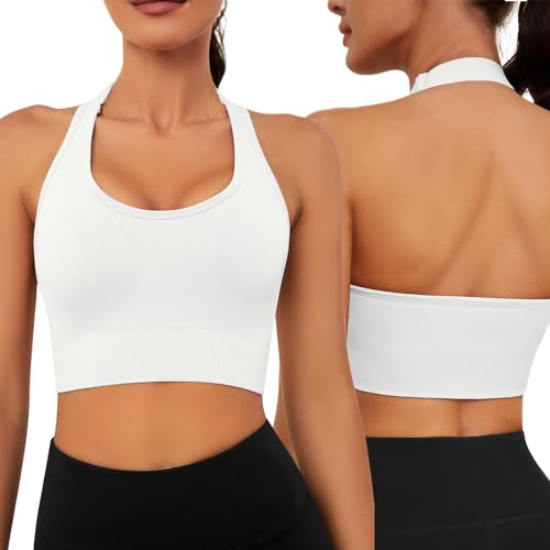 UMIPUBO Sport BH Damen Neckholder Rückenfrei Fitness Yoga Bra Einstellbar Push Up Ohne Bügel BH Große Brüste Gepolstert Bustier(Weiß,S) von UMIPUBO