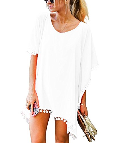 UMIPUBO Strandkleid Damen Sommer Bikini Cover Up Chiffon Bluse Hemd Freizeitkleid mit Quasten(Weiß) von UMIPUBO