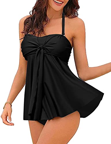 UMIPUBO Tankini Damen Badeanzug Sets,Push up 2 Stück Bademoden mit Hot Pants Sexy Multi-wear Badeanzüge, Abnehmbarer Schultergurt(Schwarz,XL) von UMIPUBO