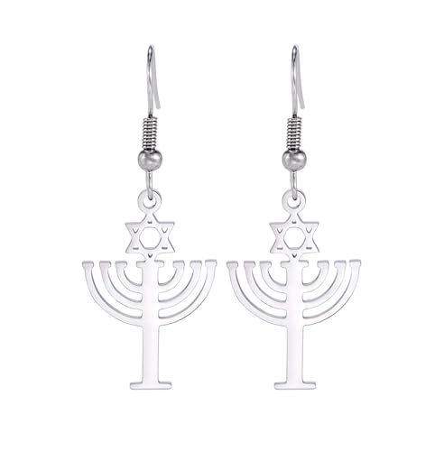 Jüdische religiöse Davidstern-Ohrringe für Frauen und Mädchen, Edelstahl, schick, Retro, Israel, Kerzenständer, Davidstern, Tropfenohrring, Chanukka-Schmuck, Edelstahl, Kein Edelstein von UNIFT