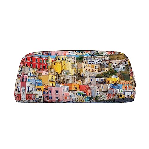 UNIOND Bunte Procida Italien Bedruckte Bleistifttasche Tragbare Leder Stift Fall Wasserdicht Reise Make-up Tasche für Arbeit Büro Urlaub, gold, Einheitsgröße, Federmäppchen von UNIOND