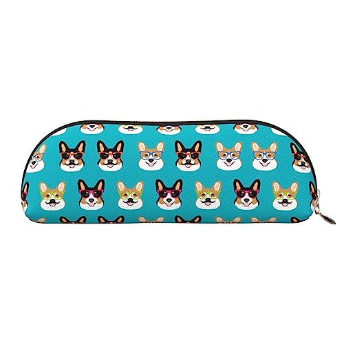 UNIOND Corgi Federmäppchen aus Leder mit Brille und Schnurrbärten, tragbar, kleine Make-up-Tasche mit Reißverschluss für Reisen, Büro, Zuhause, gold, Einheitsgröße, Federmäppchen von UNIOND