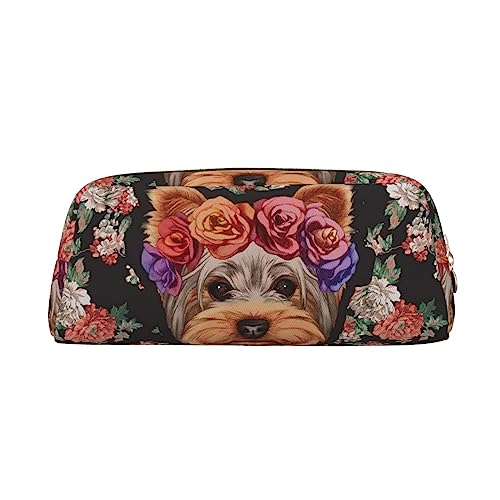 UNIOND Federmäppchen mit Yorkie-Blumenmuster, tragbar, Leder, wasserdicht, Reise-Make-up-Tasche für Arbeit, Büro, Urlaub, gold, Einheitsgröße, Federmäppchen von UNIOND