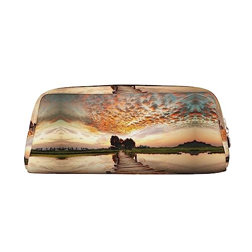 UNIOND Sunset Lake Bedrucktes Federmäppchen, tragbar, Leder, wasserdicht, Reise-Make-up-Tasche für Arbeit, Büro, Urlaub, gold, Einheitsgröße, Federmäppchen von UNIOND