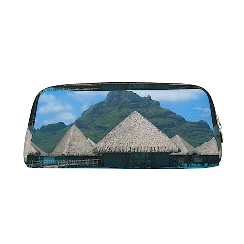 UNIOND Tahiti Beach Bedrucktes Federmäppchen, tragbar, Leder, wasserdicht, Reise-Make-up-Tasche für Arbeit, Büro, Urlaub, gold, Einheitsgröße, Federmäppchen von UNIOND