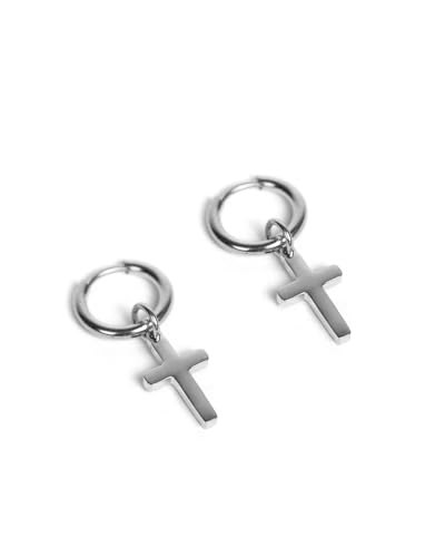 Kreuz Creolen Ohrringe für Herren und Damen - Ohrringe mit Cross Anhänger aus Edelstahl und 18K Gold - Wasserfeste Ohrringe - 2er Set (Silber) von UNSHINEBAR