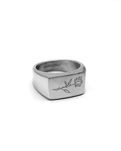 UNSHINEBAR Rose Ring für Herren und Damen - Streetwear Siegelring mit Rose Gravur aus Edelstahl und 18K Gold - Wasserfester Ring (10, Silber) von UNSHINEBAR