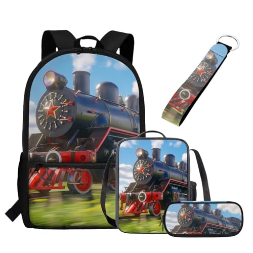 UOIMAG Kinder-Rucksack, Schultasche und Lunchbox-Set mit Federmäppchen, Schlüsselanhänger, Schultaschen-Set, 4-teilig, Zug, Einheitsgröße, Schulranzen-Set UOIMAG Kinder-Rucksack, Schultasche und Lunchbox-Set mit Federmäppchen, Schlüsselanhänger, Schultaschen-Set, 4-teilig, Zug, Einheitsgröße, Schulranzen-Set von UOIMAG
