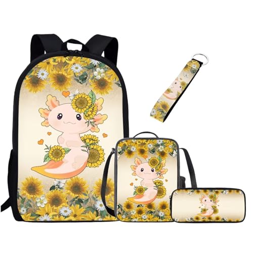 UOIMAG Kinder-Schulranzen-Set für Jungen und Mädchen, Rucksack-Set mit Lunchtasche, Federmäppchen, Schlüsselanhänger, niedliche Büchertaschen, Axolotl Sonnenblume, Einheitsgröße, Schulranzen-Set UOIMAG Kinder-Schulranzen-Set für Jungen und Mädchen, Rucksack-Set mit Lunchtasche, Federmäppchen, Schlüsselanhänger, niedliche Büchertaschen, Axolotl Sonnenblume, Einheitsgröße, Schulranzen-Set von UOIMAG