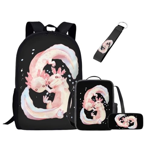 UOIMAG Kinder-Schulranzen-Set für Jungen und Mädchen, Rucksack-Set mit Lunchtasche, Federmäppchen, Schlüsselanhänger, niedliche Büchertaschen, Axolotls Schwarz, Einheitsgröße, Schulranzen-Set von UOIMAG