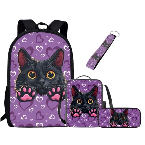 UOIMAG Kinder-Schulranzen-Set für Jungen und Mädchen, Rucksack-Set mit Lunchtasche, Federmäppchen, Schlüsselanhänger, niedliche Büchertaschen, Schwarze Katzenherzen, Violett, Einheitsgröße, von UOIMAG