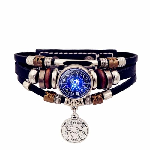 Armbänder Mit Sternzeichen Zwillinge, Leuchtendes Lederperlenarmband – Sternzeichen-Leuchtarmband, Vintage-Armband Aus Schwarzem Leder, Geburtstagsschmuck, Geschenk Für Damen Und Herren, 17,5, 20, von UOMSKTY