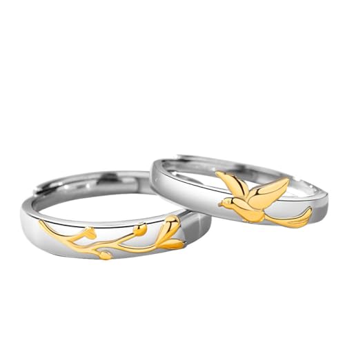 Modische S925-Ringe Für Paare - Blumenzweig, Fliegender Vogel, Verstellbarer Ring, Schmuck, Glänzender Offener Ring, Exquisite Ewigkeitsversprechen-Eheringe Für Verliebte, Männer Und Frauen, Ein von UOMSKTY