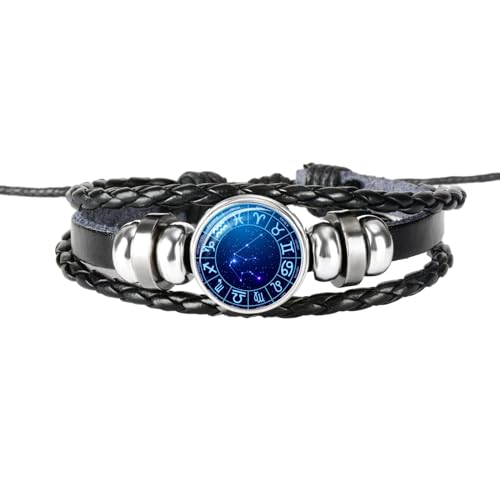 UOMSKTY Armband Mit Sternzeichen Wassermann, 12 Sternzeichen-Lederarmbänder – Handgewebtes Vintage-Armband Aus Schwarzem Leder, Verstellbares Armband, Geburtstagsgeschenk Für Damen Und Herren, 26 Cm von UOMSKTY