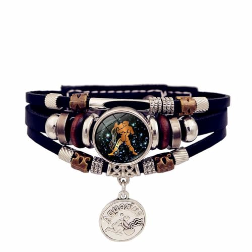 UOMSKTY Leuchtendes Armband Mit 12 Sternbildern Des Sternzeichens Wassermann Für Herren Und Damen – Geflochtenes Leder-Charm-Armband, Mehrschichtiges Retro-Punk-Armband Aus Leder, 17,5, 20,5 Cm von UOMSKTY