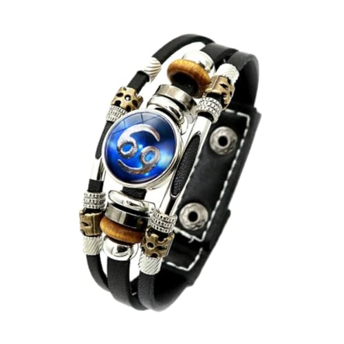 UOMSKTY Leuchtendes Krebs-Armband Mit 12 Sternbildern – Mehrschichtiges Schwarzes Vintage-Punk-Lederarmband, Verstellbares Handgefertigtes Perlen-Charm-Armband Für Männer Und Frauen, 20,5 Cm von UOMSKTY