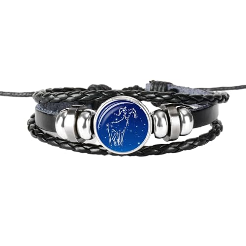 UOMSKTY Widder 12 Sternbild-Armbänder – Ledergeflochtene Seilarmbänder, Horoskop-Symbol-Charm, Handgewebte Glasperlenarmbänder Für Damen Und Herren, Punk-Schmuck, 26 Cm von UOMSKTY