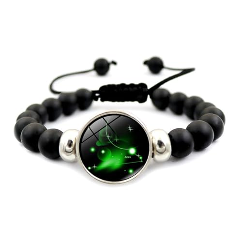 UOMSKTY Widder Retro Punk Herren Damen 12 Sternbild Sternzeichen Armband – Kreatives Schwarzes Perlen-Horoskop-Armband, Astrologie-Schmuck, Geschenk Für Damen Und Herren, 18 Cm von UOMSKTY