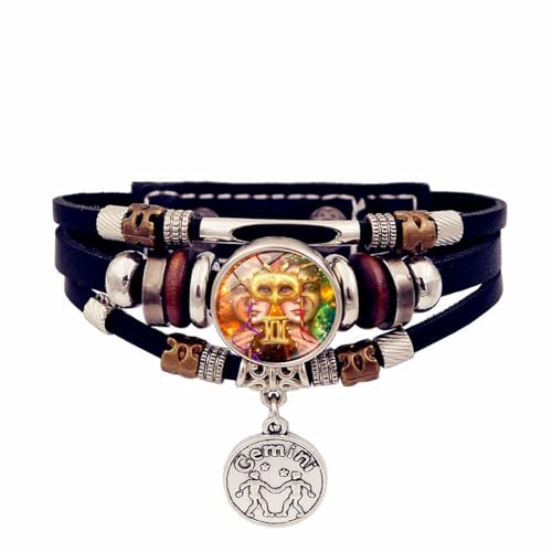 Zwillinge 12 Sternzeichen Konstellation Leuchtendes Armband – Mehrschichtiges Punk-Lederarmband Mit Perlen Für Herren Und Damen, Stilvolles Schwarzes Vintage-Lederarmband Für Damen Und Herren, 20 von UOMSKTY