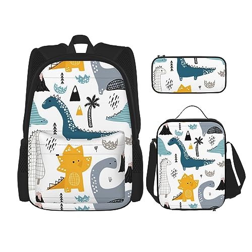 Cartoon Dinosaurier Kinder Große Kapazität Rucksack Mittagessen Tasche Stifttasche 3-teiliges Set für Büro Reisen Camping Unisex, Schwarz , Einheitsgröße von UPIKIT