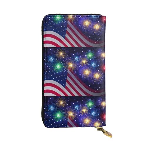 Feuerwerk Amerikanische Flagge 4. Juli Unisex Leder Reißverschluss Geldbörse Kosmetiktasche für Party Reise Urlaub Geschenke, Schwarz , Einheitsgröße von UPIKIT