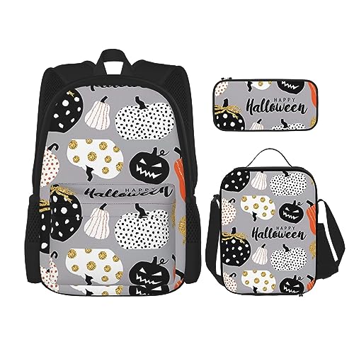 Happy-Halloween-Day-Trick-or-Treat Rucksack mit großer Kapazität, Lunch-Tasche, Stifttasche, 3-teiliges Set für Büro, Reisen, Camping, Unisex, Schwarz , Einheitsgröße von UPIKIT