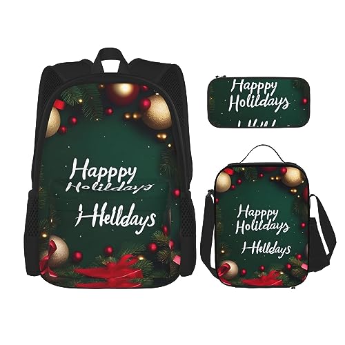 Happy Holidays Rucksack mit großem Fassungsvermögen, Lunch-Tasche, Stifttasche, 3-teiliges Set für Büro, Reisen, Camping, Unisex, Schwarz , Einheitsgröße von UPIKIT