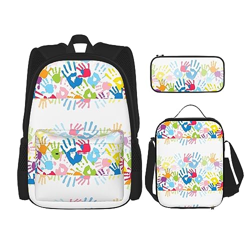 Kinder-Rucksack mit Handabdruck, große Kapazität, Lunch-Tasche, Stifttasche, 3-teiliges Set für Büro, Reisen, Camping, Unisex, Schwarz , Einheitsgröße von UPIKIT