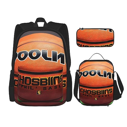 Rucksack mit Basketball-Hintergrund, großes Fassungsvermögen, Lunch-Tasche, Stifttasche, 3-teiliges Set für Büro, Reisen, Camping, Unisex, Schwarz , Einheitsgröße von UPIKIT