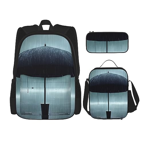 Schwarzer Regenschirm im Regen, große Kapazität, Rucksack, Lunchtasche, Stifttasche, 3-teiliges Set für Büro, Reisen, Camping, Unisex, Schwarz , Einheitsgröße von UPIKIT