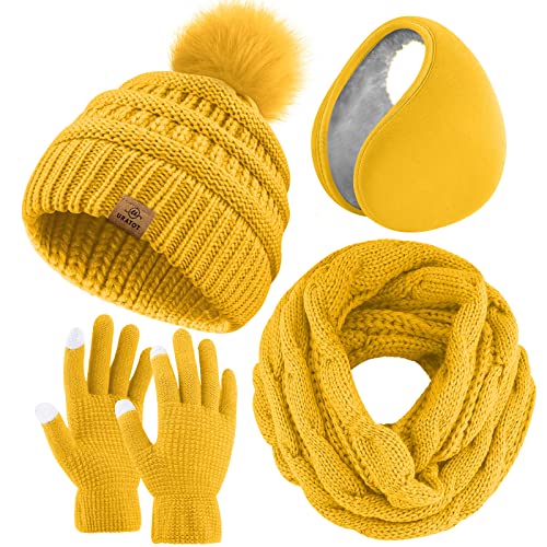 URATOT Winter-Set mit Strickschal, Pompon-Mütze, Touchscreen-Handschuhe und Ohrenwärmern, warmes Set für Damen und Herren, Fuchsrot, Medium von URATOT