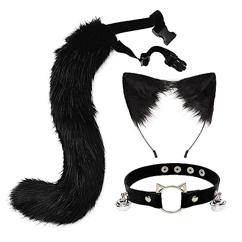 3 teiliges Plüsch Katzenohren Fuchsschwanz Cosplay Set,Fuchs Ohre Stirnband Glöckchen Halskette Katze Ohr Stirnband Haarband,Katzenohren Haarreif Halloween Kostüm Zubehör für Frauen Mädchen,Schwarz von URFEDA