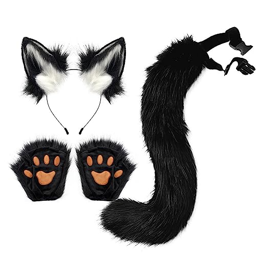 Kunstpelz Wolf Fuchs Kostüm Schwanz,Katzenohren Haarreif,Fuchsohren Stirnband,Anime Katze Cosplay Kostüm,Plüsch Haarreifen für Kinder Damen, Fuchs Schwanz und Ohren Damen Halloween Fasching Karneval von URFEDA