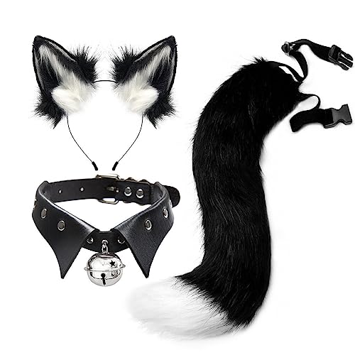 URFEDA 3 teiliges Plüsch Katzenohren Katzenschwanz Cosplay Set,Fuchs Ohre Stirnband Haarband Glöckchen Halskette,Katzenohren Haarreif Halloween Kostüm Zubehör für Frauen Mädchen,Braun,Schwarz Weiß von URFEDA