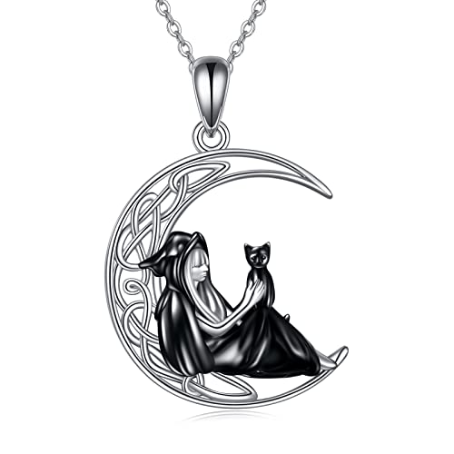 URONE Hexenkette aus Sterlingsilber Hexe und schwarze Katze keltischer Mond Anhänger Halloween-Schmuck Geschenke für Frauen und Mädchen von URONE