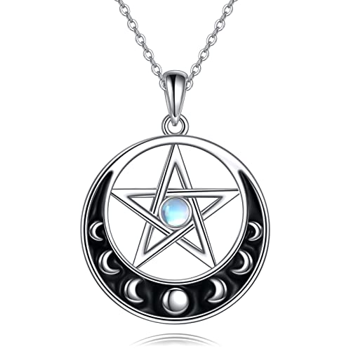 URONE Mondphase Halskette Sterling Silber Halbmond Phase Pentagramm Mondstein Anhänger Wicca Schmuck Geschenke für Frauen von URONE