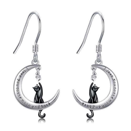 Schwarze Katze-Ohrringe Sterlingsilber Schwarze Katze auf dem Mond Baumelnde Ohrringe Katzen-Weihnachtsschmuck Geschenke für Frauen von URONE