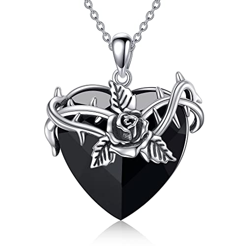 URONE Rose Blume Halskette Sterling Silber Schwarze Rose Herz Anhänger mit Kristall Gotik Rose Schmuck Geschenke für Frauen Mutter Sie von URONE