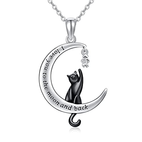 URONE Schwarze Katze Halskette Sterling Silber Schwarze Katze auf dem Mond Anhänger Katze Schmuck Geschenke für Frauen Mädchen Katzenliebhaber von URONE