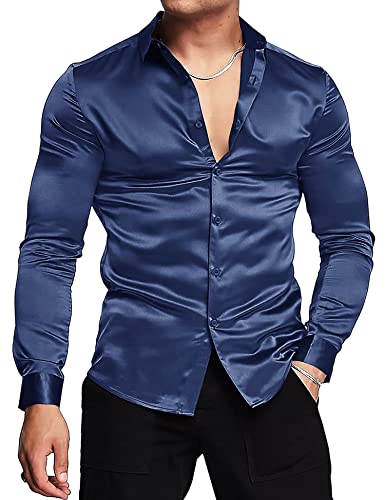 URRU Herren Luxus Shiny Silk Like Satin Kleid Shirt Langarm Casual Slim Fit Muscle Button Up Shirts, Navy Blue, Mittel von URRU