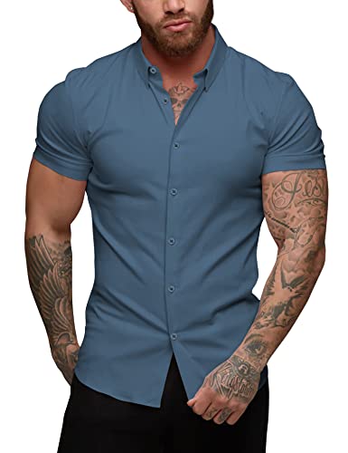 URRU Herren Muskel Business Kleid Hemden Regular Fit Stretch Kurzarm Casual Button Down Hemden Helles Kobalt XL von URRU