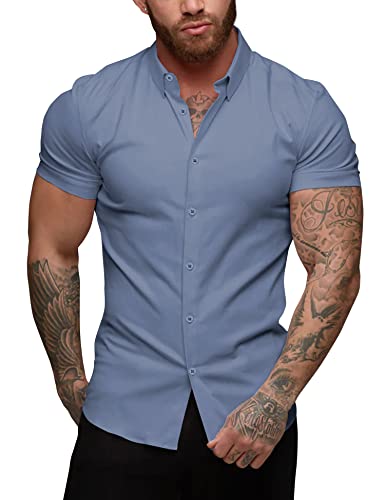 URRU Herren Muskel Business Kleid Hemden Regular Fit Stretch Kurzarm Casual Button Down Hemden Denim-Blau L von URRU