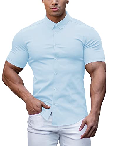 URRU Herren-Muskelhemd, schmale Passform, Stretch, lange und kurze Ärmel, lässig, Button-Down-Shirt, Kurzarm hellblau, L von URRU