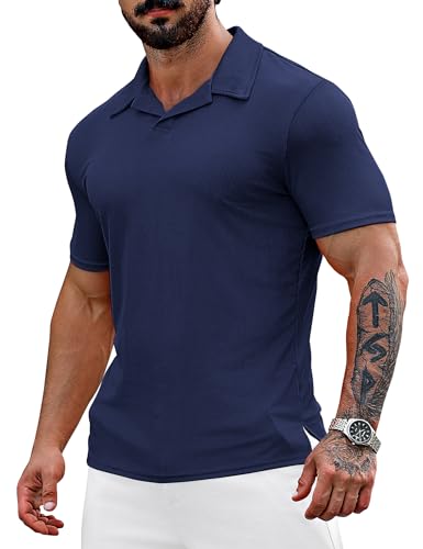 URRU Herren Muskel-T-Shirt, Stretch, kurzärmelig, Workout-T-Shirt, lässig, schmale Passform, Marineblau, XL von URRU